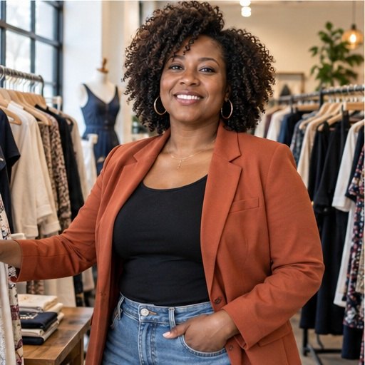 Boutique owner among clothing racks